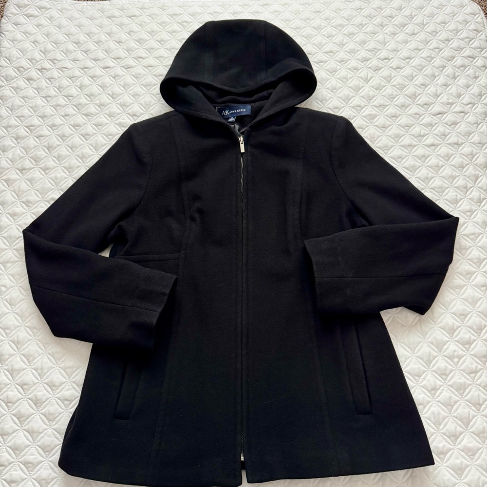 Anne Klein Black Wool Blend Full Zip Hooded Coat Size M
